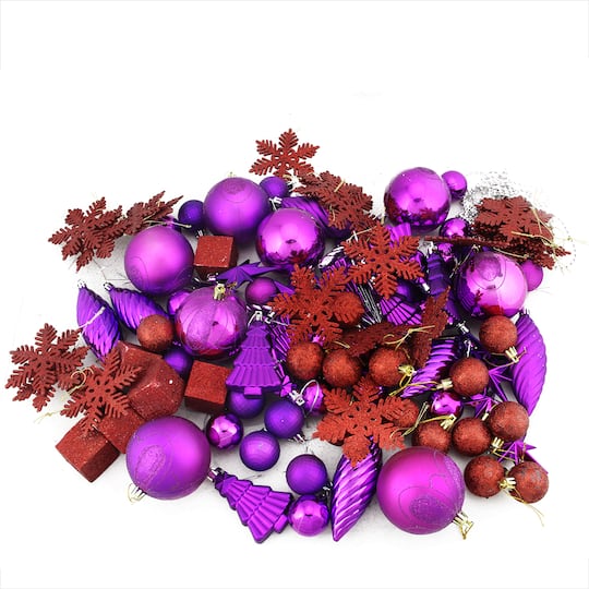 125ct. Purple &#x26; Red Shatterproof 3-Finish Christmas Ornaments